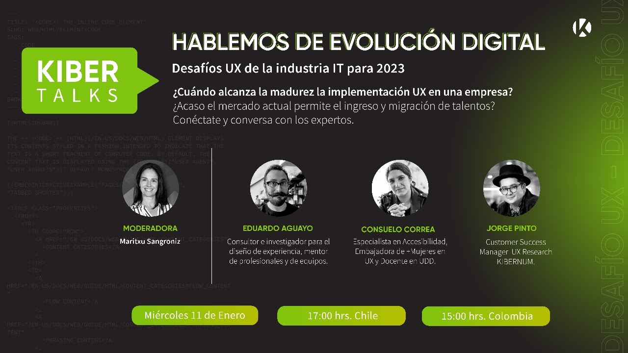 '#Kibertalks: Desafíos UX de la industria TI en 2023' con Eduardo Aguayo: Desarrollo de carrera UX Empleabilidad Implementación de UX Cultura corporativa Crisis del seniority 
